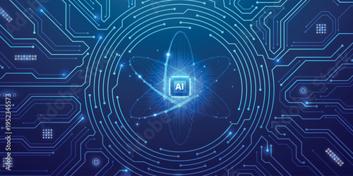 circular portal with luminous circuit patterns radiating on chip with nuclear atom icon with circuit. Blue neon frame featuring HUD interface, cyber elements, and electronic board aesthetics.