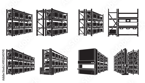 Warehouse shelving units, storage racks illustration, vector set