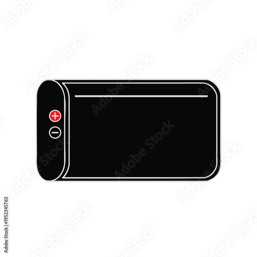 Black battery with a red plus and white minus symbol, isolated on white