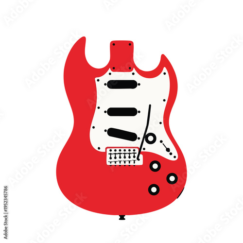 A bold red electric guitar with a white pickguard and black hardware is shown