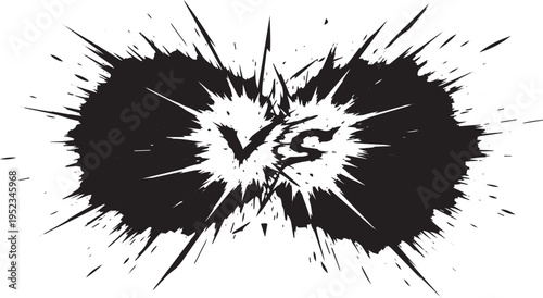 Black and white versus battle splash graphic vector illustration with grunge ink splatters, ideal for competitive game designs, sports events, or challenge concepts
