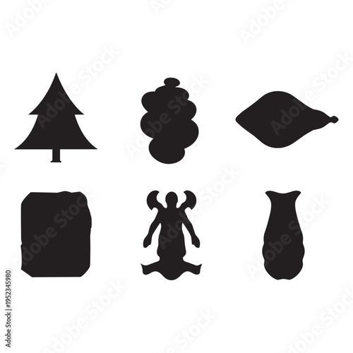A collection of six black silhouettes on a white background