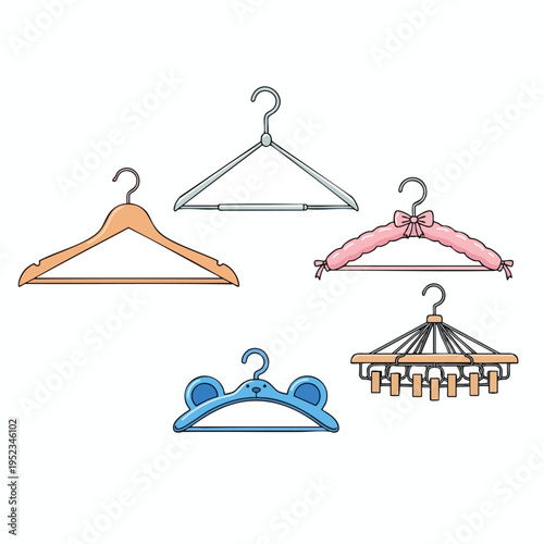 Collection of five unique clothes hangers in various styles and colors