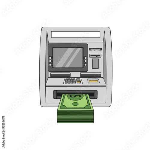 A drawing of an ATM machine dispensing a stack of money