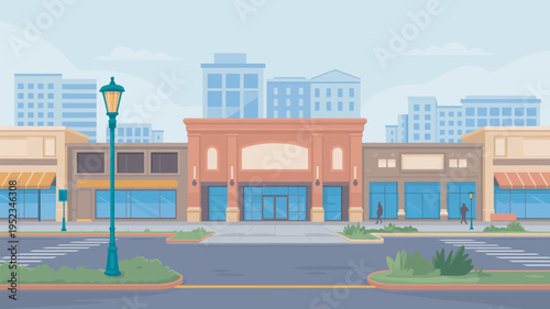 A vibrant city street with a large shopping center and tall buildings in the background under a clear blue sky.