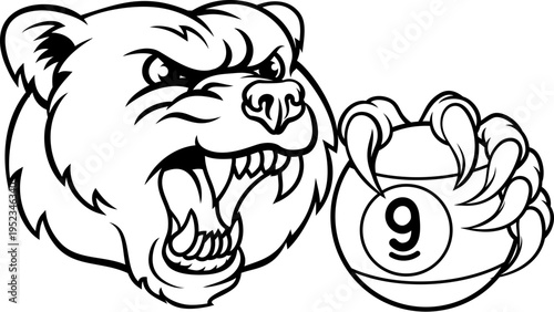 Bear nine ball pool sports mascot holding a 9 ball cartoon illustration