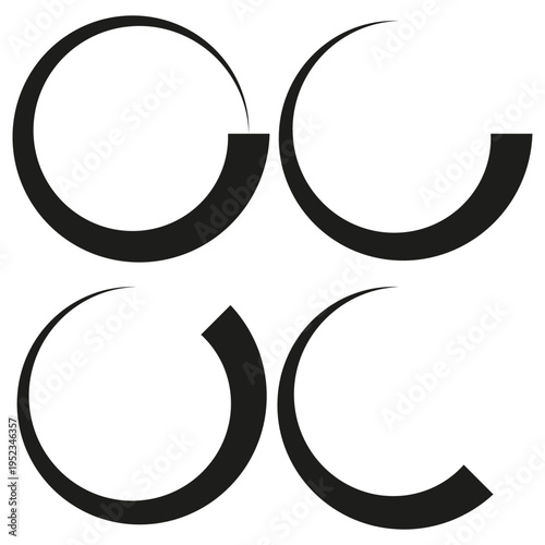 Four black arc shapes. Geometric circle segments. Abstract rotating design. Vector minimal illustration.