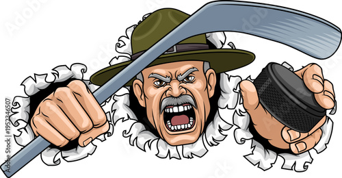 An angry drill instructor or sergeant bootcamp army soldier cartoon character holding hockey stick and puck ice hockey sports team mascot illustration.