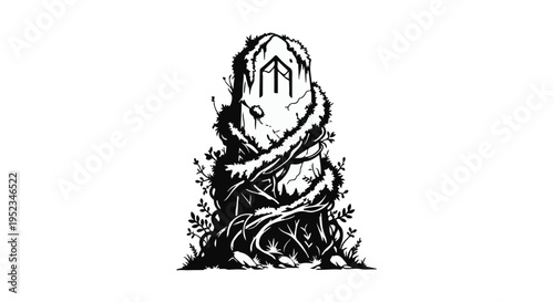 Ancient weathered stone rune marker is heavily overgrown with thick vines and foliage.