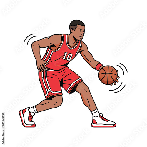 Athletic basketball player dribbling ball during game.