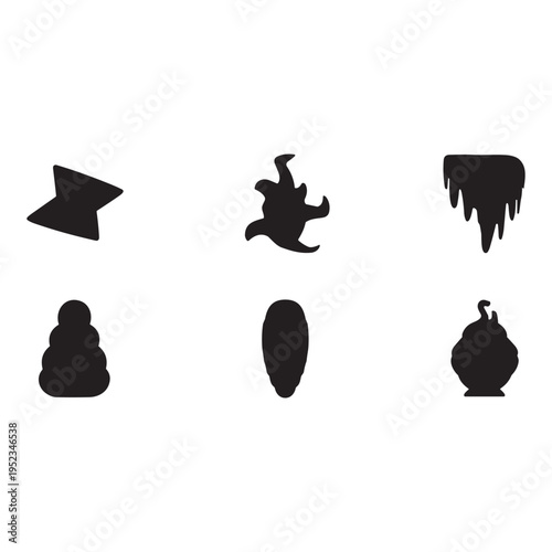 A set of six black silhouettes on a white background