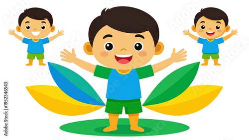 Vector illustration of cheerful child with short dark hair, blue shirt, green shorts, smiling pose, and colorful abstract background