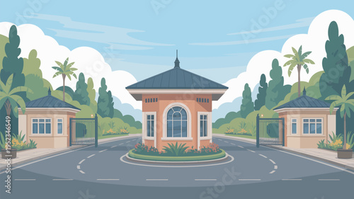 A serene gated community entrance with a beautiful guard house and lush greenery under a clear blue sky