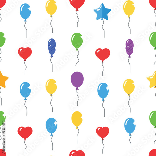 Colorful balloons and star shapes drift and repeat in a festive, flat design pattern