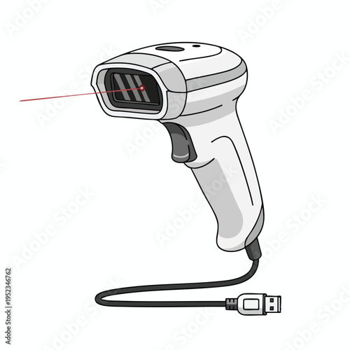 Handheld scanner with red laser beam and USB cable, white and gray
