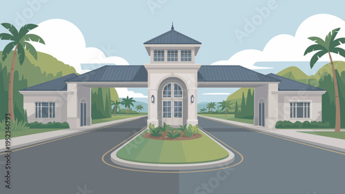 A serene gated community entrance with a tropical landscape and modern architecture