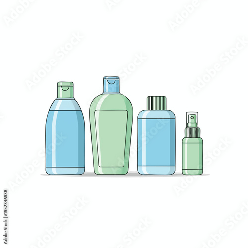 Four variously sized plastic bottles with colorful liquids and caps