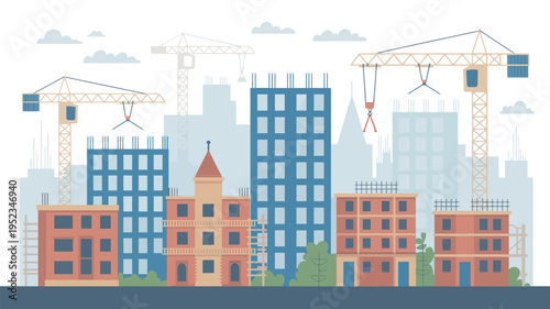 A vibrant cityscape under construction with cranes and buildings in various stages of development.