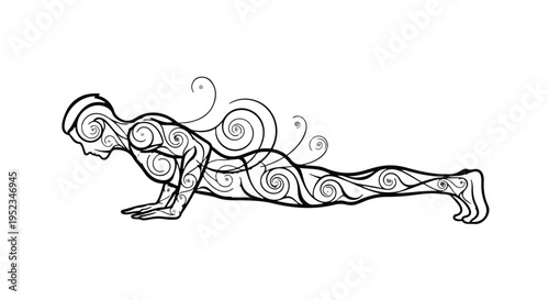 Human figure performs a low yoga pushup pose with swirling energy emanating from the.