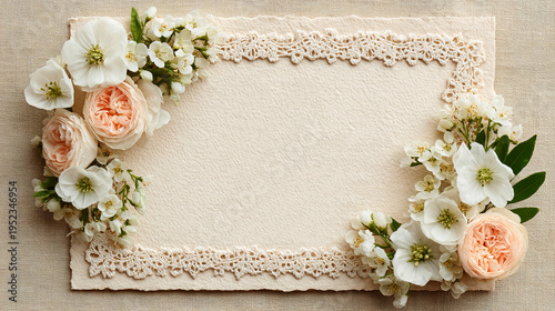 An elegant cream-colored greeting card template featuring delicate lace borders and corners adorned with soft peach roses and white jasmine blossoms on a neutral linen background.
