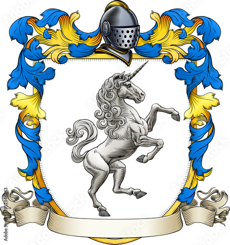 A Unicorn coat of arms or crest family heraldry medieval heraldic knight shield with helmet and acanthus filigree scroll ornament in a vintage woodcut style.