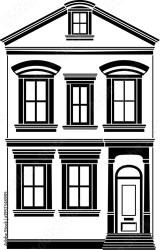 Victorian outline old English house building. Georgian mansion manor style homes. Vintage British architecture facade illustration.