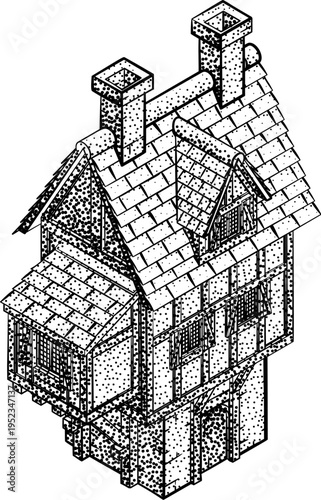 A medieval building map icon isometric illustration in a vintage retro engraved woodcut dots etching style