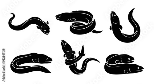 Set of Black Eel Silhouettes on White Background, Various Poses