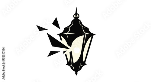 Black and white graphic shows a shattering antique lantern emitting light against.