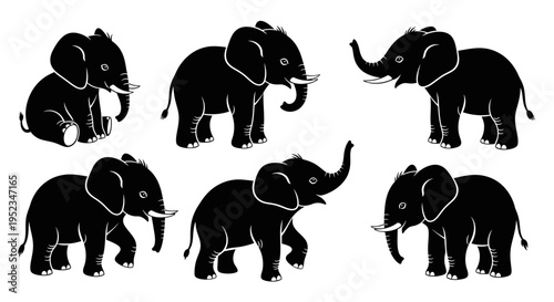 Set of Black Elephant Silhouettes in Various Poses on White Background