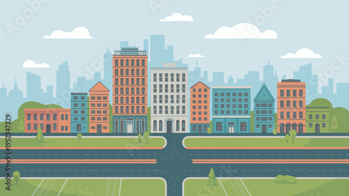 A vibrant cityscape with colorful buildings and a serene green park in the foreground under a light blue sky.