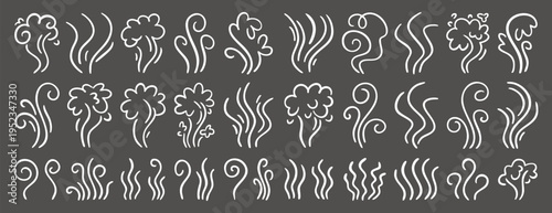 Hand drawn aroma vapor icons White line icon set on dark background hot aroma, cooking steam, smoke, odor and vapor