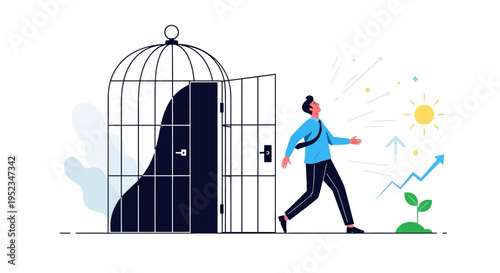 Vector illustration of a person walking out of a cage towards a sunny future