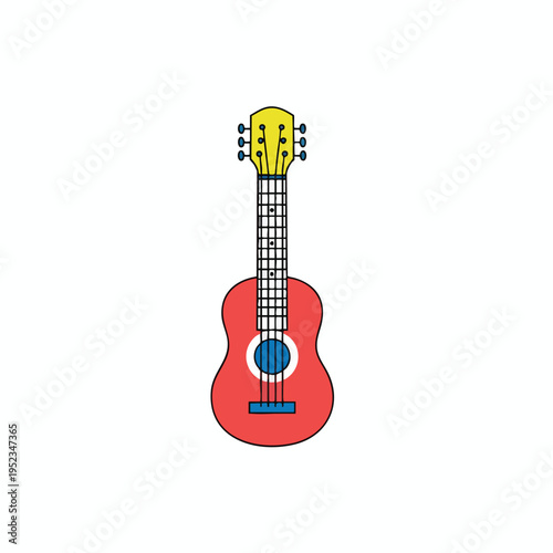 Flat illustration of a red ukulele with a yellow headstock and blue accents
