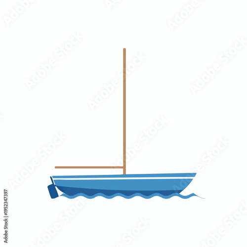 Blue sailboat with a wooden mast and boom on blue water
