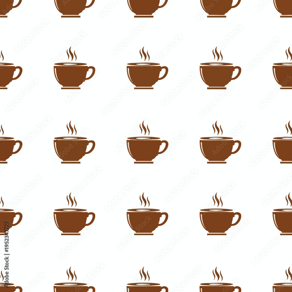 Obraz premium Seamless pattern of steaming brown coffee cups on a white background