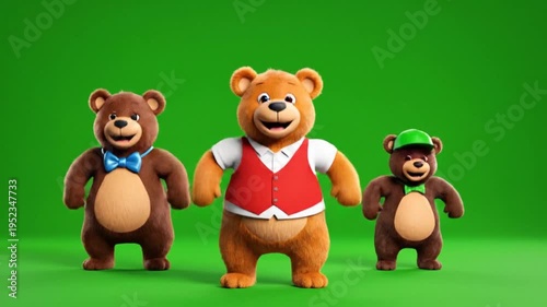 Three animated teddy bears dancing energetically against a vibrant green screen background, showcasing playful movement and cheerful expression, perfect for animation projects and children's content.