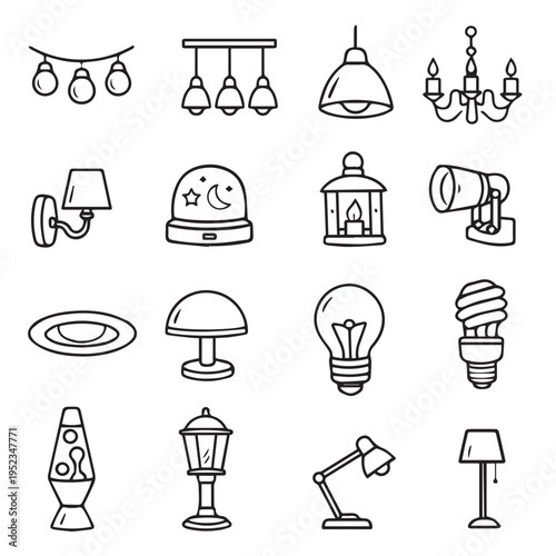 Lamp outline icon set. Line art vector floor lamp, nightlights, chandeliers ceiling lamp, table lamp. Linear sketches of interior light furniture for decor. Vector illustration isolated on white.