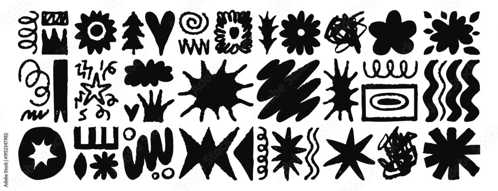 Fototapeta premium A set of doodle organic elements, leaves, hand drawn smooth lines, flowers, abstract shapes natural motifs, the sun, stones collection