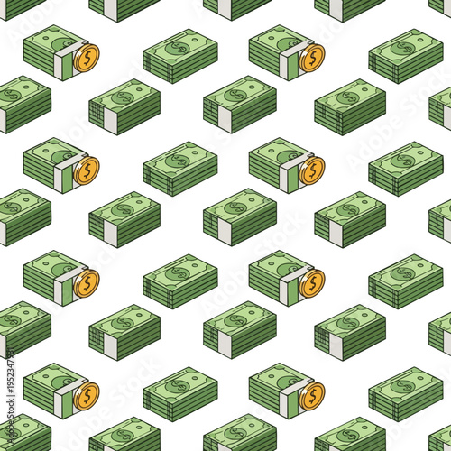 Seamless pattern of isometric stacks of cash and gold coins on white