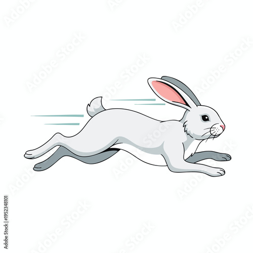 A cartoon white rabbit with gray ears and tail is depicted in mid-leap