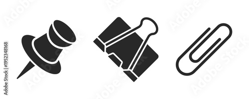 A collection  of Push pin, Binder clip and Paper clip icon representing common office stationery items vector illustration