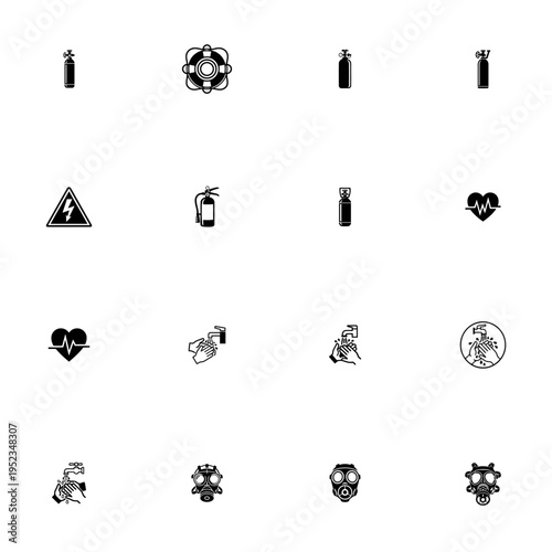 Safety and Health Warning Symbols Including Gas Masks Fire Extinguishers and Medical Icons
