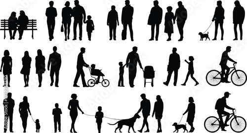 People silhouettes collection, walking families, couples, children, pets, urban lifestyle, isolated figures, black icons, social diversity, everyday activities, vector style