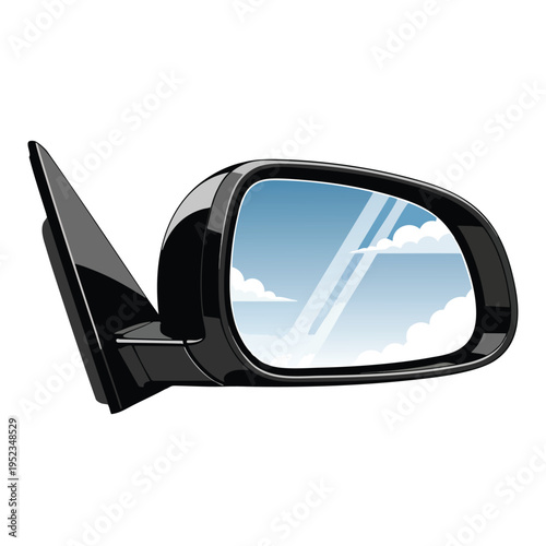 A black vehicle side mirror reflects a clear blue sky with white clouds