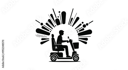 Elderly person silhouette operates a mobility scooter with dynamic sound burst graphic.