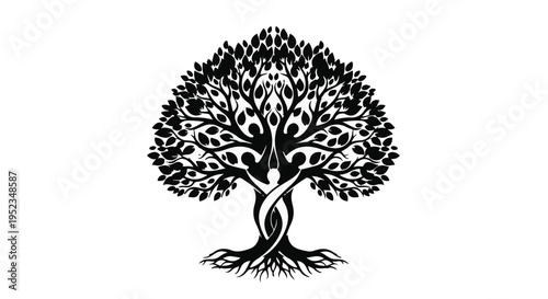 Stylized tree of life features abstract human figures intertwined at the base.