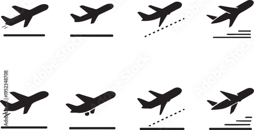 airplane flight travel aviation icon symbol set pack, aircraft flying icons collection minimal design set, aviation airplane icons travel symbol pack set