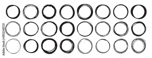 Abstract hand drawn vector circles, round shapes, scribble swirl minimalist elements for design, background logo rough ink drawing