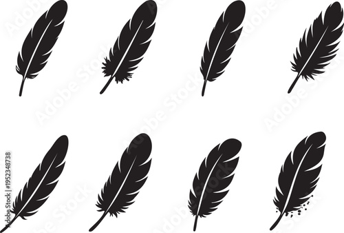 feather quill writing icon set vintage symbol pack, ink feather pen shapes minimal design set, vintage quill feather icons writing symbol set